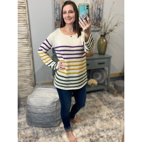 🎭Mardi Gras Wide Neck Loose Striped Sweater Shirt Purple Green & Gold 0123 - Picture 5 of 8